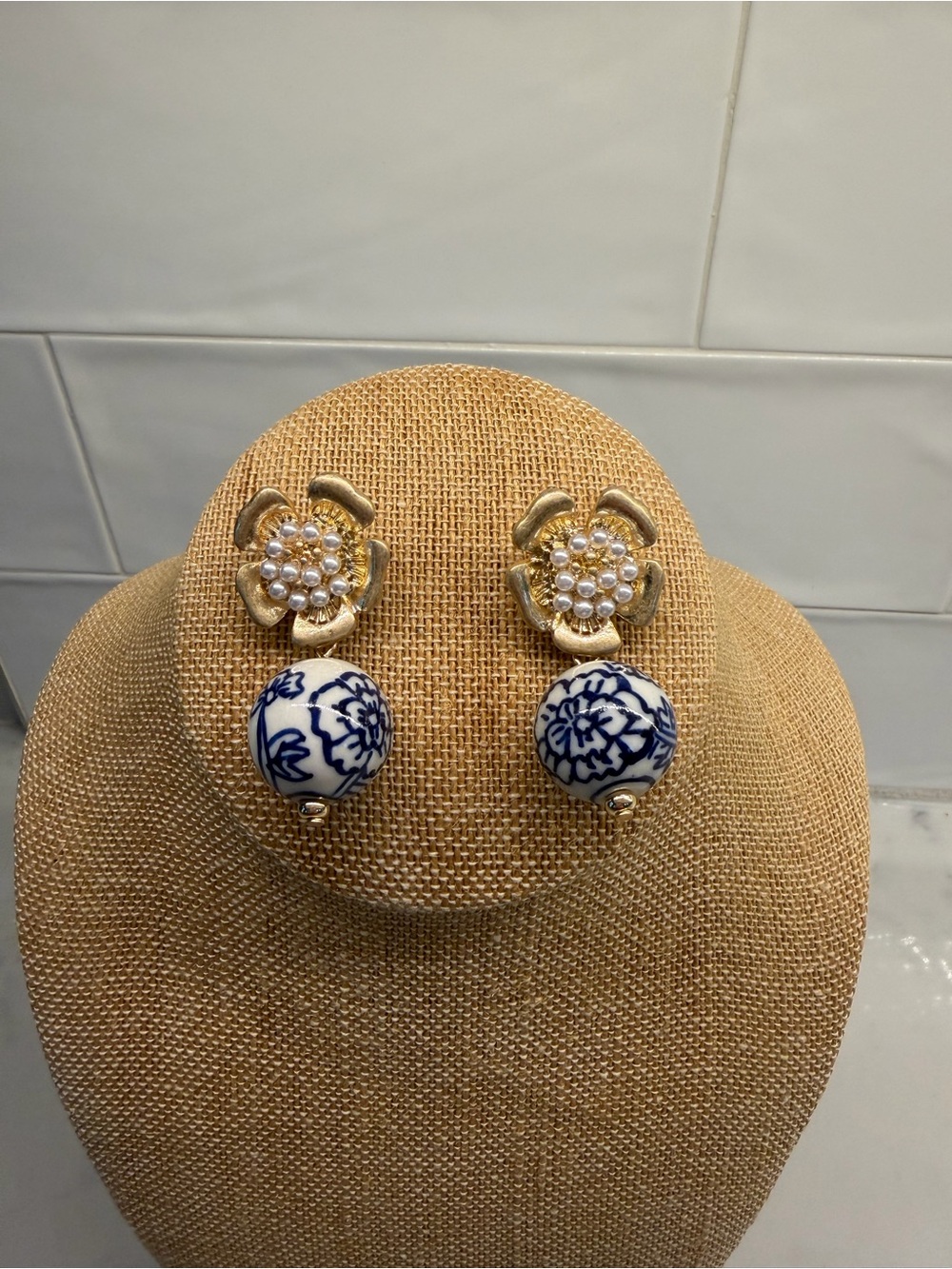 Gold Floral Pearl Stud Earrings with Blue and White Porcelain Drops